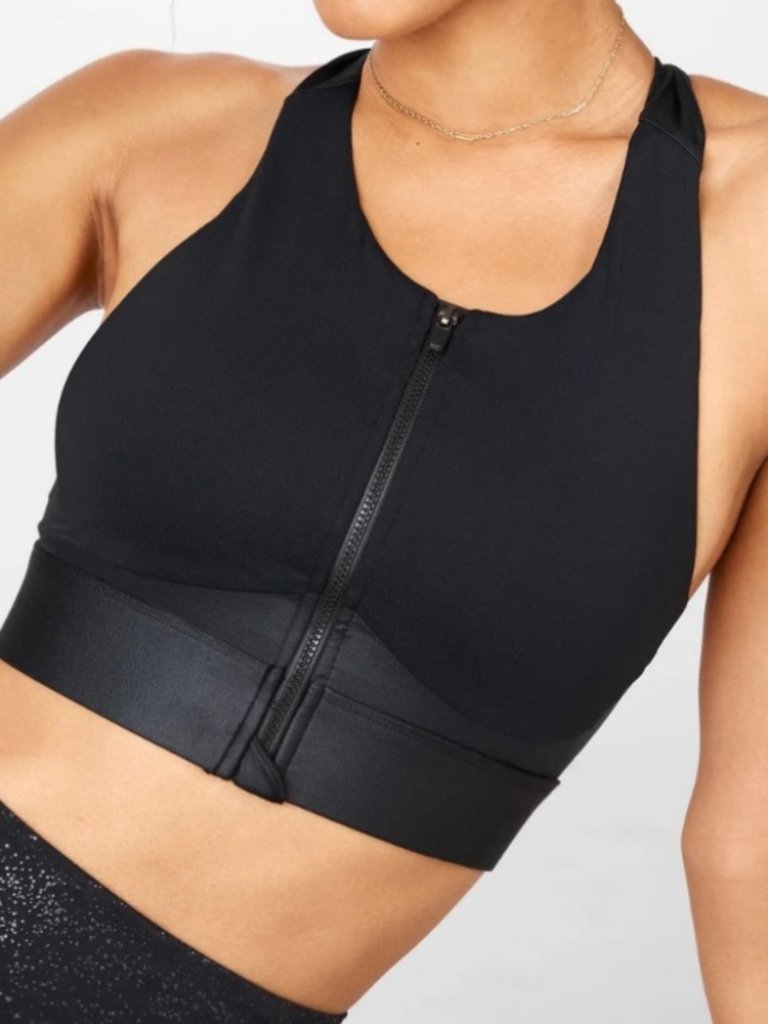 Fabletics Ella No-Bounce Front Zip Black High Impact Sports Bra M